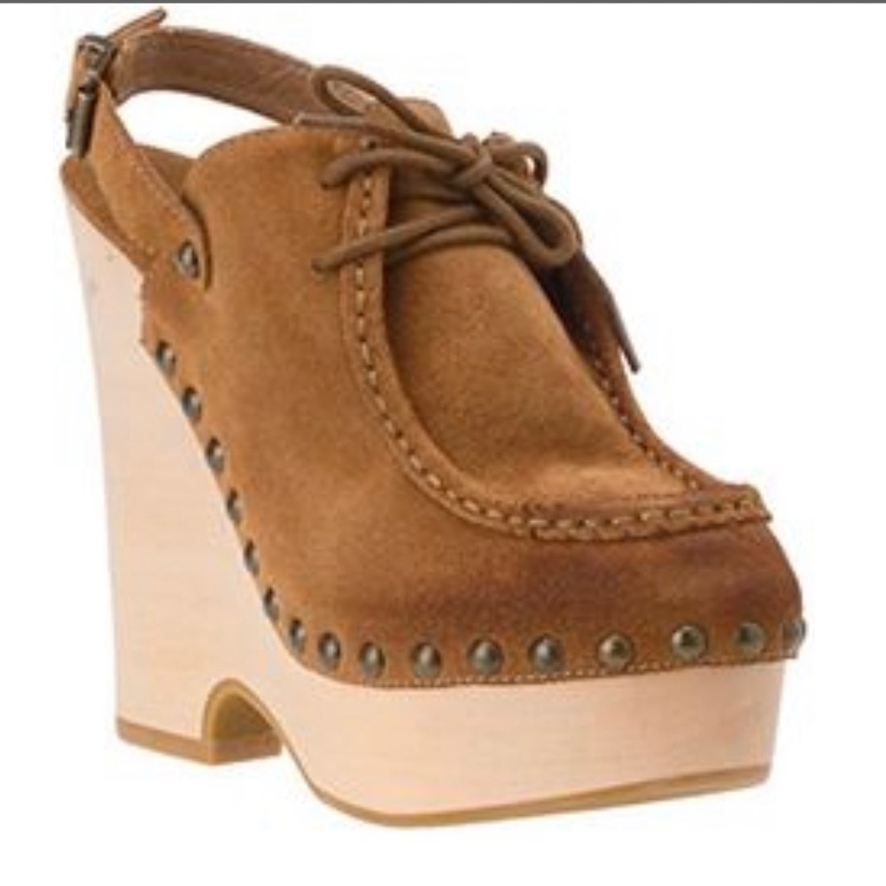 7FAM Leather Platform Idina Slingback Wedge Clogs Natural Brown 6.5M